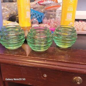 Set of Three Green Glass Candle Holders Vintage Heavy Possibly Uranium Glass